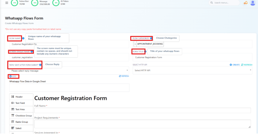 WhatsApp Flows Form with Flow Name, Screen Unique Name, Reply Sent After Form Submit, Flow Categories, and Form Title fields highlighted, plus Select HTTP API and a Google Sheets field, next to a live Customer Registration Form preview