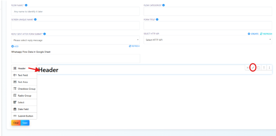 WhatsApp Flow builder component palette with Header highlighted