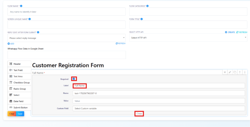 Text Field configuration panel with Required, Label, Name, Value, and Custom Field options