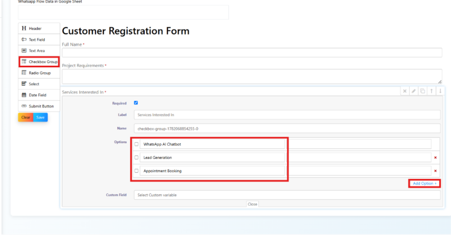 Checkbox Group configuration panel showing Services Interested In with three options