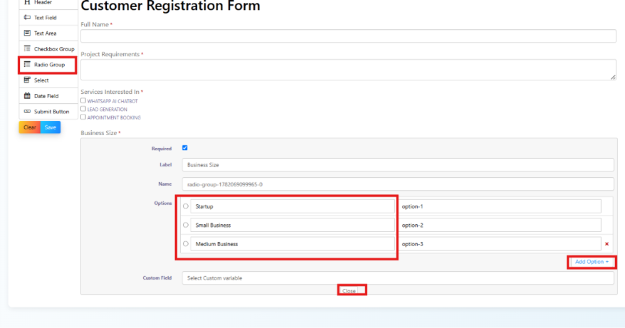 Radio Group configuration panel showing Business Size with three options