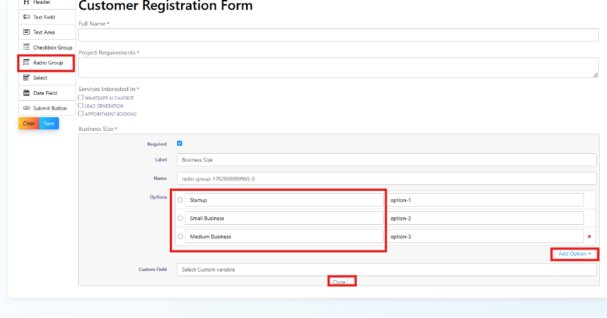 Radio Group configuration panel showing Business Size with three options