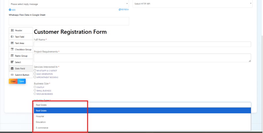 Industry Type dropdown open in the form preview with Real Estate selected