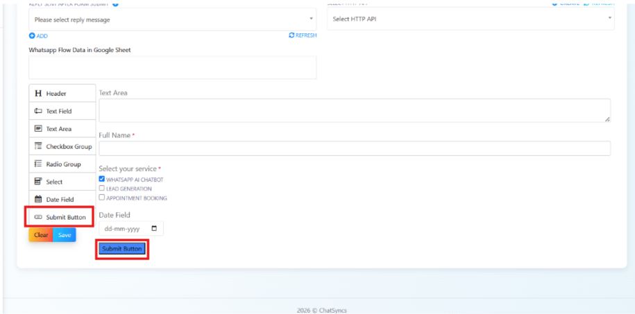 Submit Button component selected in the palette, rendered at the bottom of the form preview below the Date Field