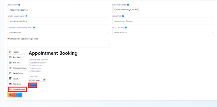Appointment Booking WhatsApp Flow with a Choose one option radio group and Date Field, and the Submit Button highlighted
