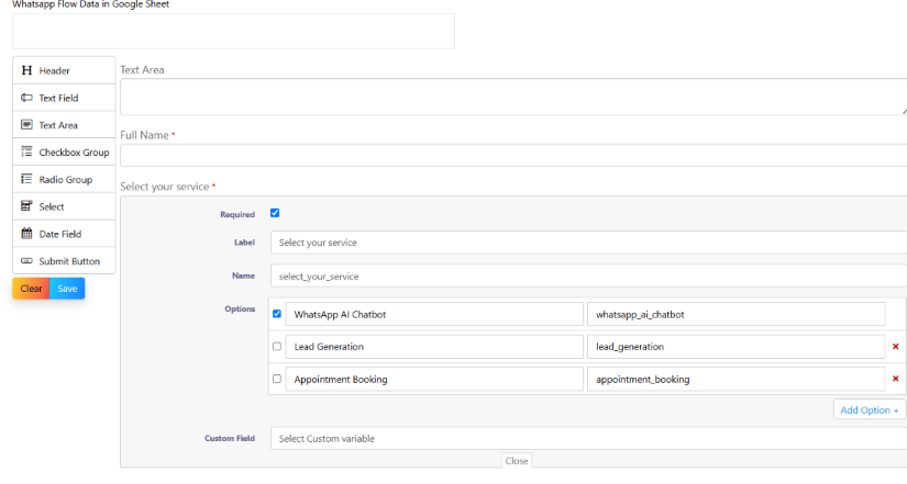 Checkbox Group Options showing Label/Value pairs like WhatsApp AI Chatbot / whatsapp_ai_chatbot