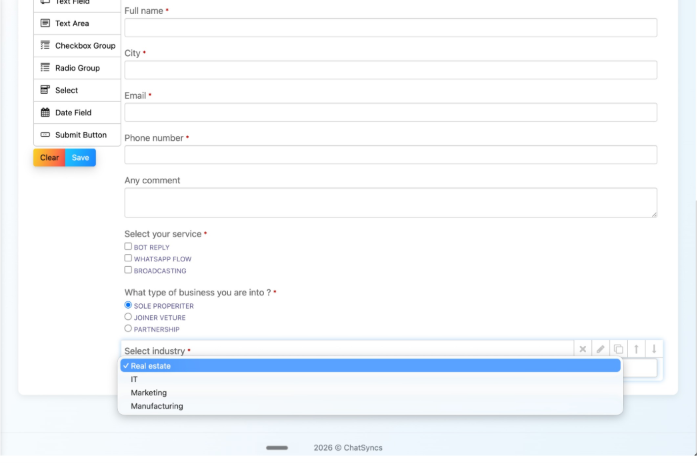 A complete WhatsApp Flow form filled out with Full name, City, Email, Phone number, comments, service checkboxes, business type radio buttons, and an Industry dropdown