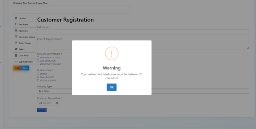 Warning popup stating the textarea field label name must be between 20 characters