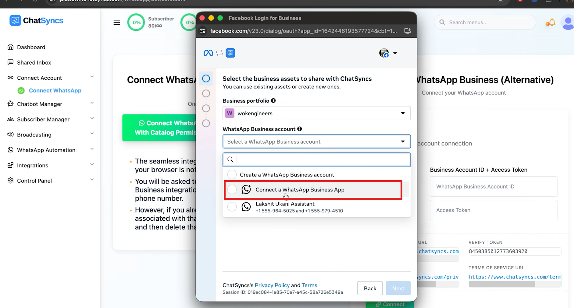Select the business assets to share with ChatSyncs, WhatsApp Business account dropdown with Connect a WhatsApp Business App highlighted