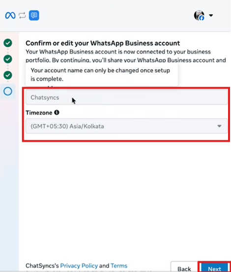 Confirm or edit your WhatsApp Business account screen with account name and Timezone fields