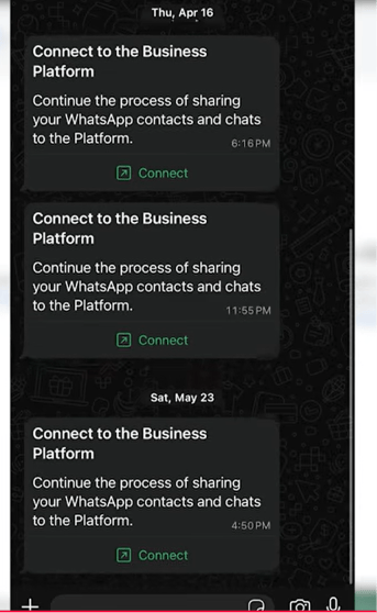 WhatsApp Business app messages titled Connect to the Business Platform, each with a Connect button