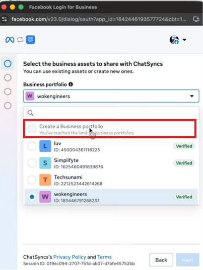 Select the business assets to share with ChatSyncs, with Create a Business portfolio option highlighted