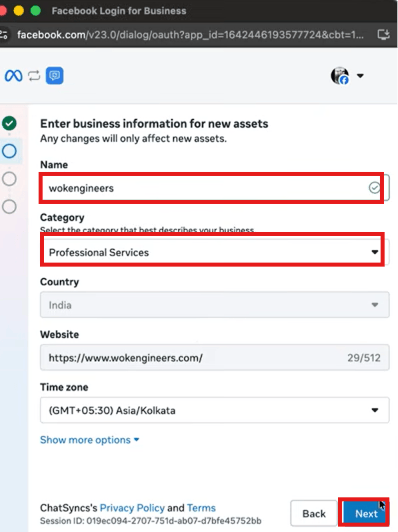 Enter business information for new assets form with Name, Category, Country, Website, and Time zone fields