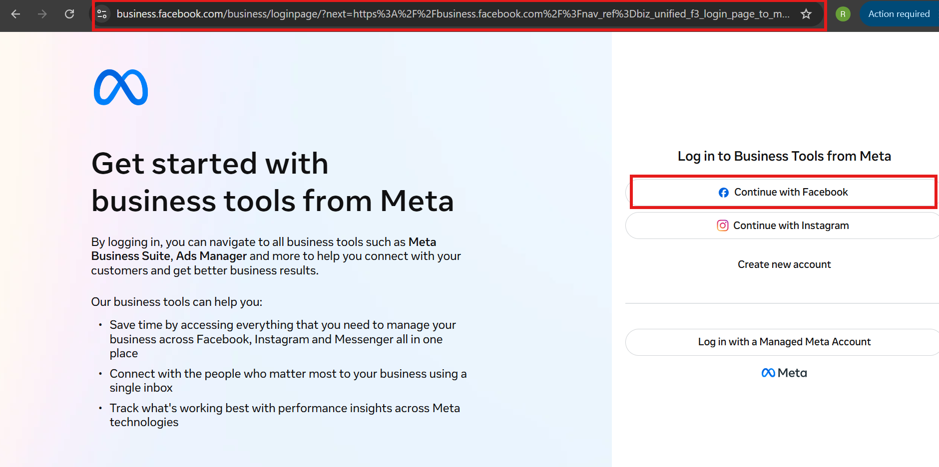 Get started with business tools from Meta landing page, with the Continue with Facebook button highlighted