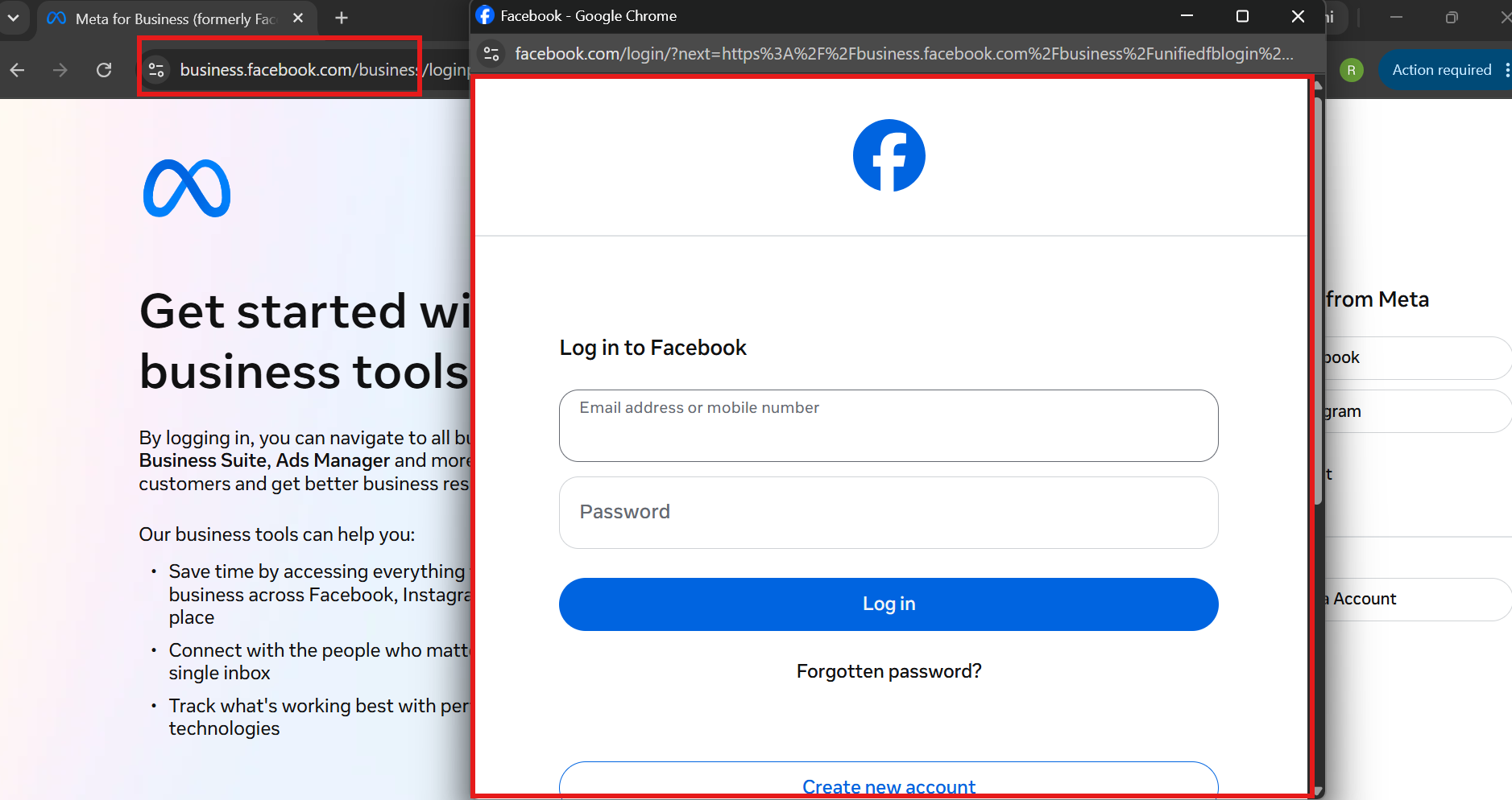 Log in to Facebook form with email address or mobile number, password, and a Log in button