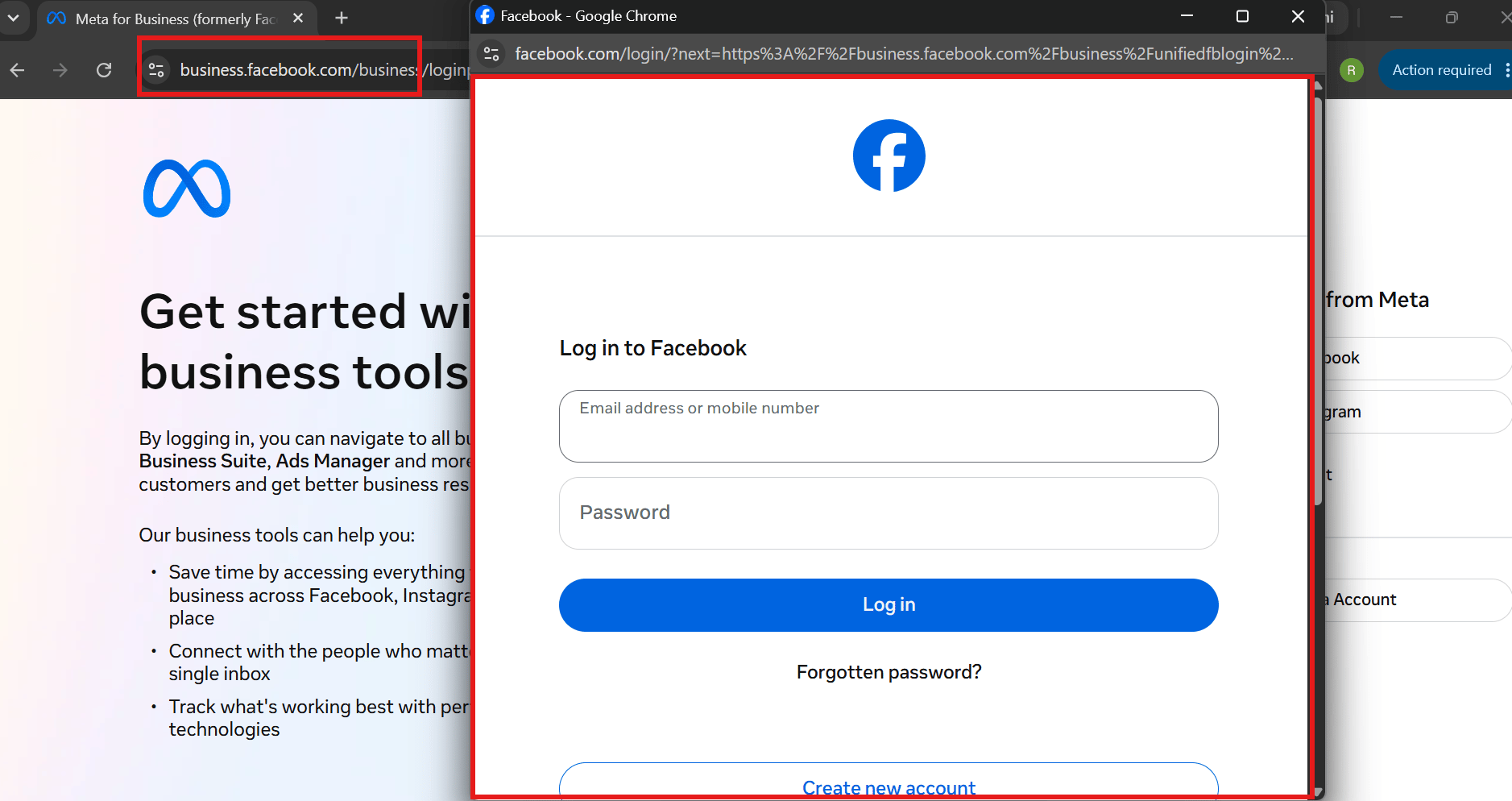 Log in to Facebook form with email address or mobile number, password, and a Log in button