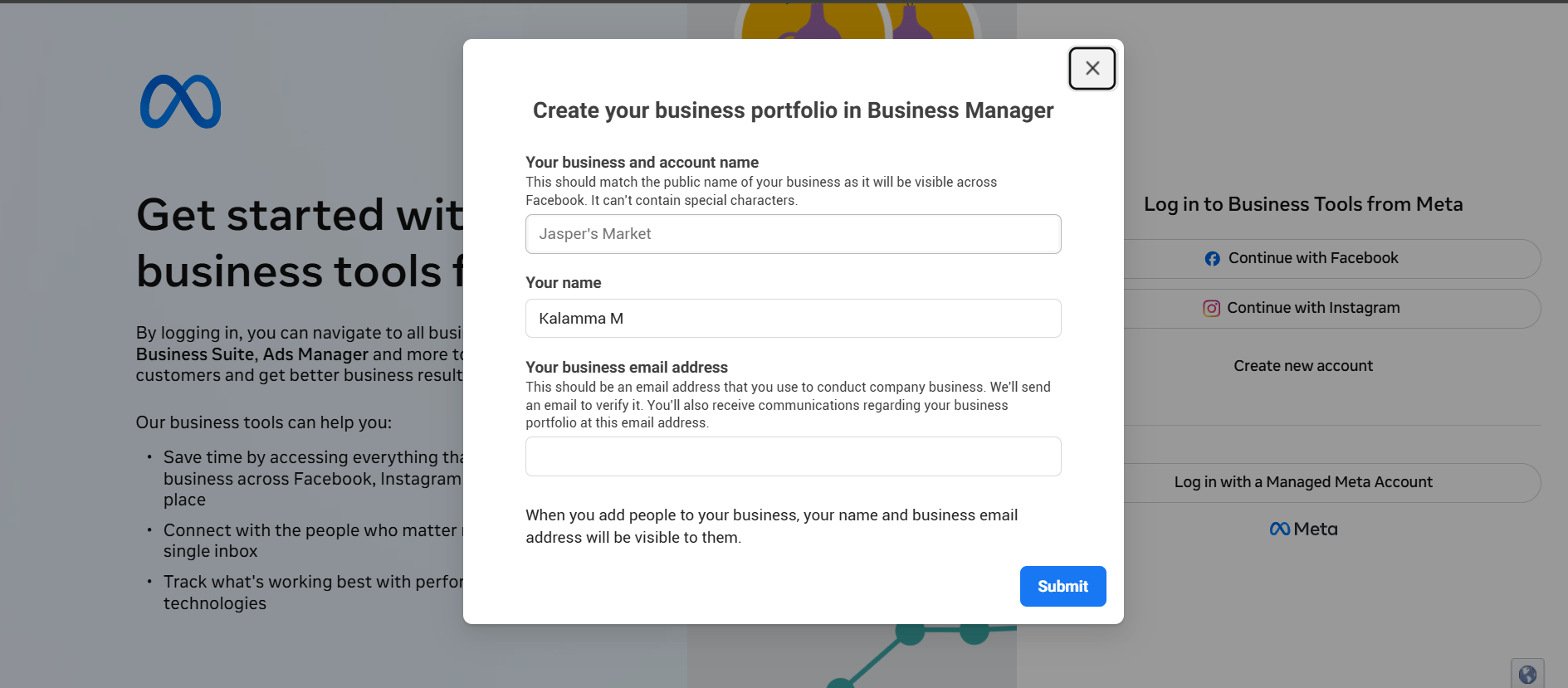 Create your business portfolio in Business Manager dialog with Your business and account name, Your name, and Your business email address fields, and a Submit button