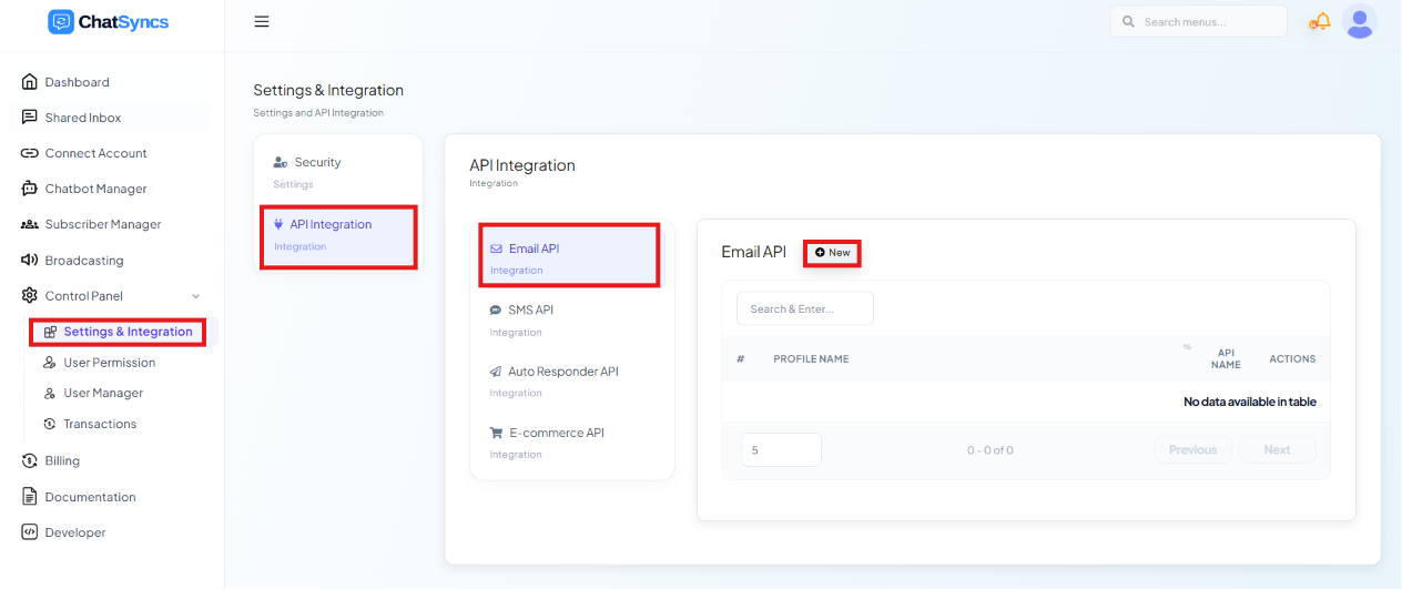 Settings & Integration page with API Integration selected, Email API selected in the sub-list, and its profile table (empty) with a New button highlighted