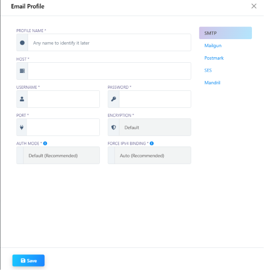 Email Profile modal with Profile Name, Host, Username, Password, Port, Encryption fields and a provider list: SMTP, Mailgun, Postmark, SES, Mandrill