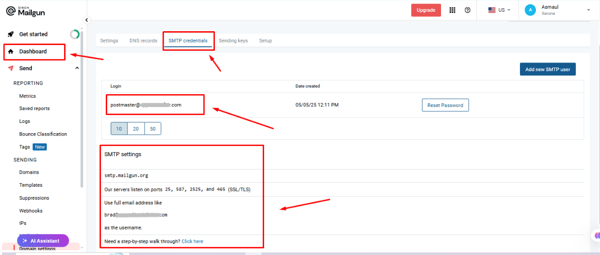 Mailgun dashboard SMTP credentials tab showing the SMTP Login (postmaster@ address) and SMTP settings panel with host, ports, and username format