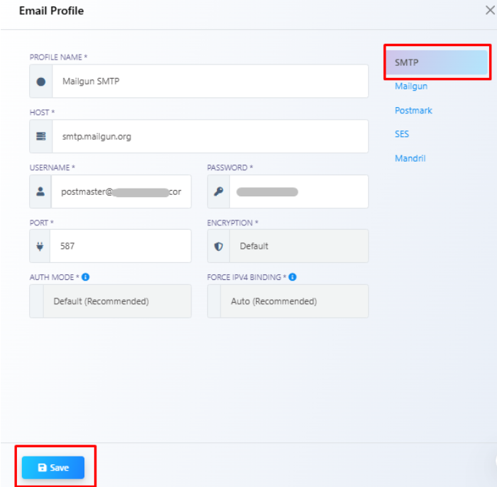 Email Profile modal with SMTP selected, Profile Name Mailgun SMTP, Host smtp.mailgun.org, Username, Password, Port 587, and Save button highlighted