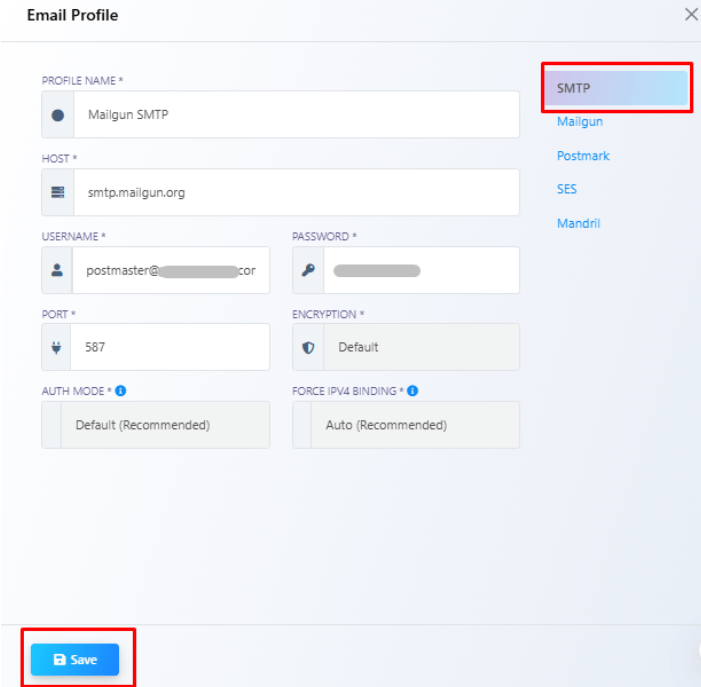 Email Profile modal with SMTP selected, Profile Name Mailgun SMTP, Host smtp.mailgun.org, Username, Password, Port 587, and Save button highlighted