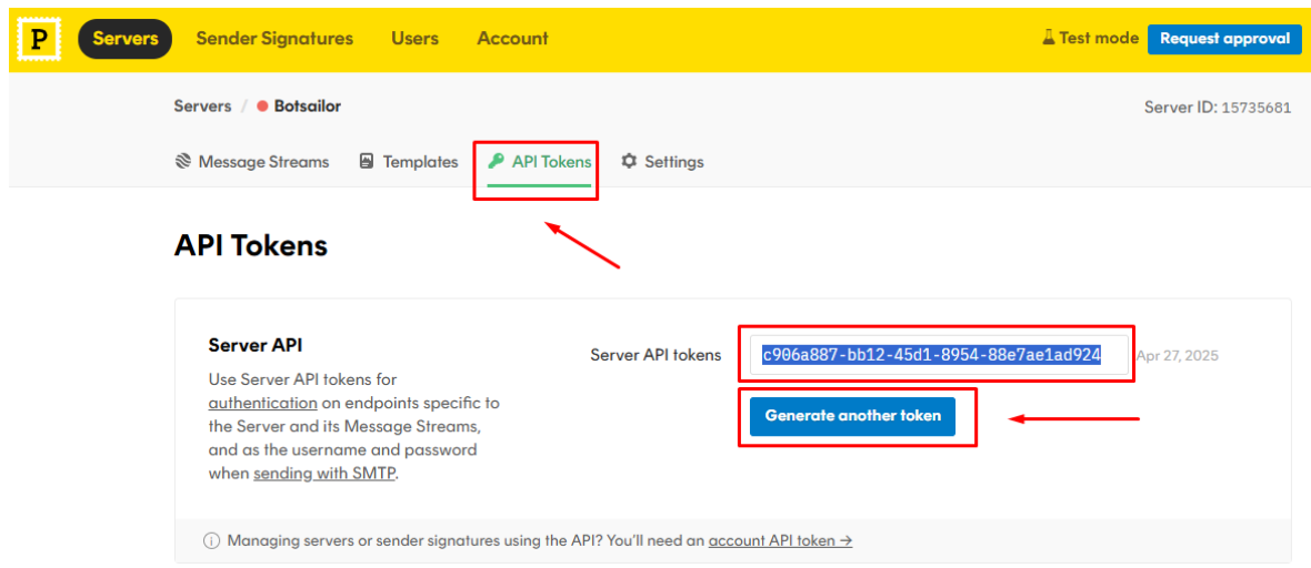 Postmark Server API Tokens page with the API Tokens tab selected and the Server API tokens value and Generate another token button highlighted