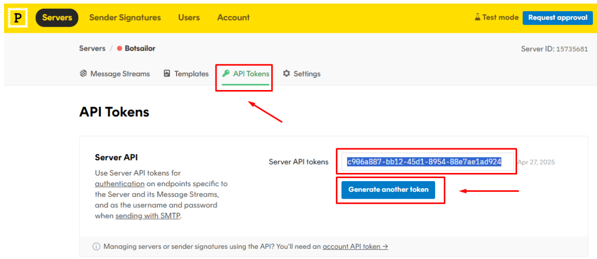 Postmark Server API Tokens page with the API Tokens tab selected and the Server API tokens value and Generate another token button highlighted