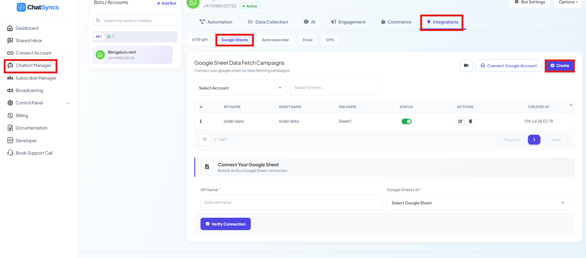 ChatSyncs left navigation with Chatbot Manager selected, the Integrations tab, and the Google Sheets sub-tab showing Google Sheet Data Fetch Campaigns with Connect Google Account and Create buttons
