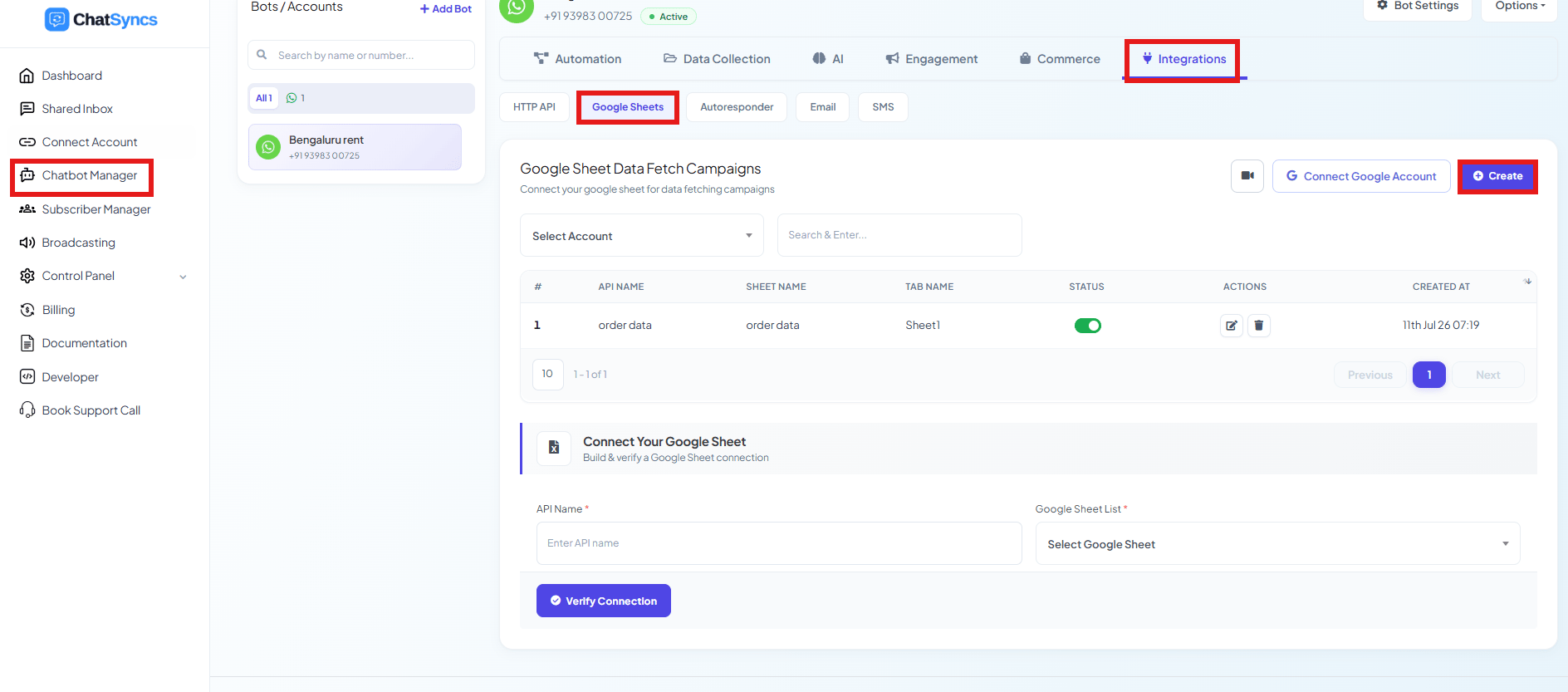 ChatSyncs left navigation with Chatbot Manager selected, the Integrations tab, and the Google Sheets sub-tab showing Google Sheet Data Fetch Campaigns with Connect Google Account and Create buttons