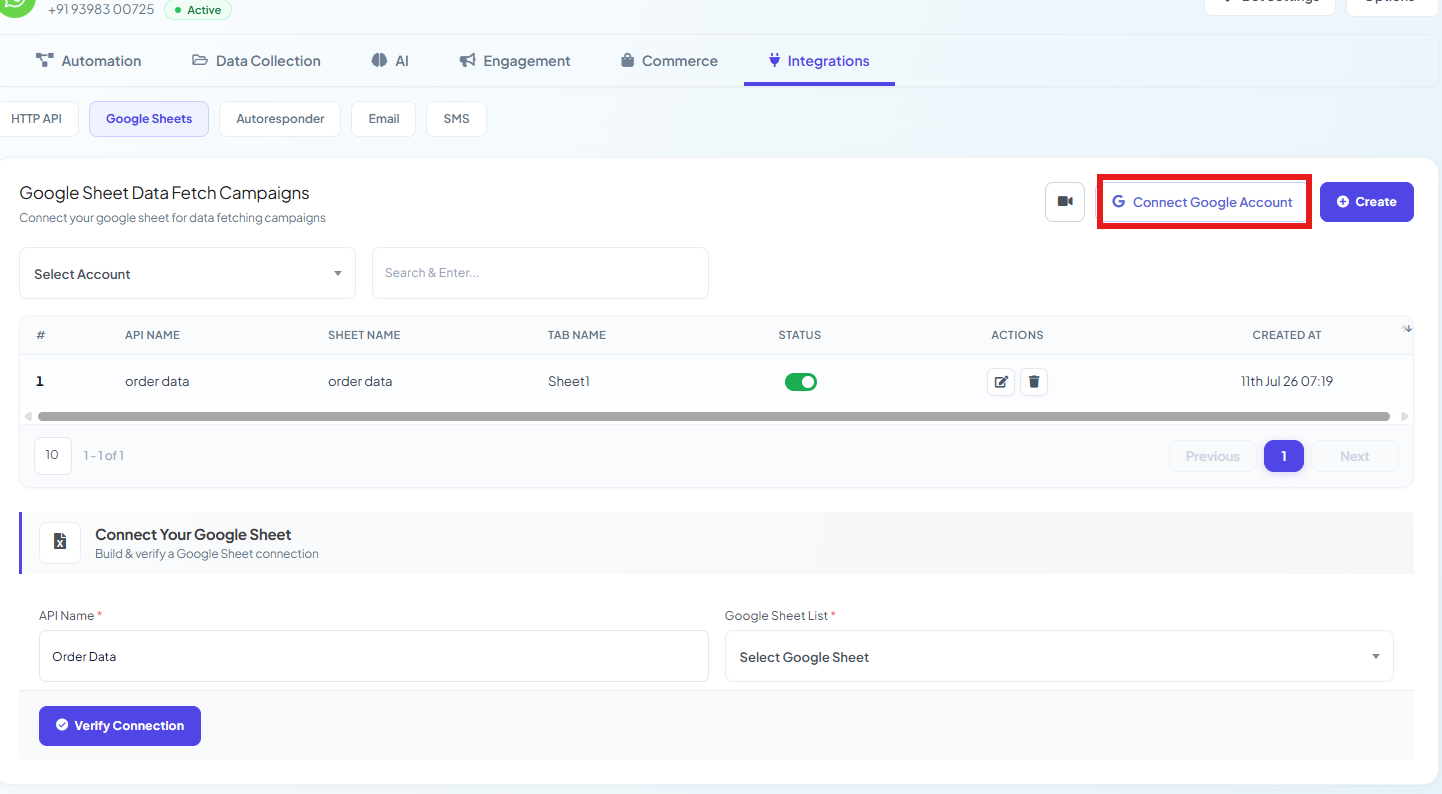 Google Sheet Data Fetch Campaigns page with the Connect Google Account button highlighted, a campaigns table, and a Connect Your Google Sheet form below it