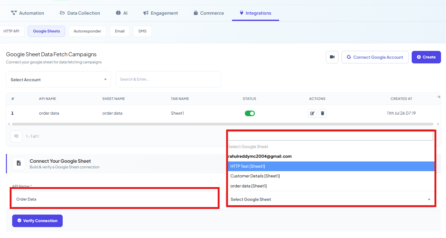 Google Sheet List dropdown open showing the connected Google account email and a list of sheets to choose from