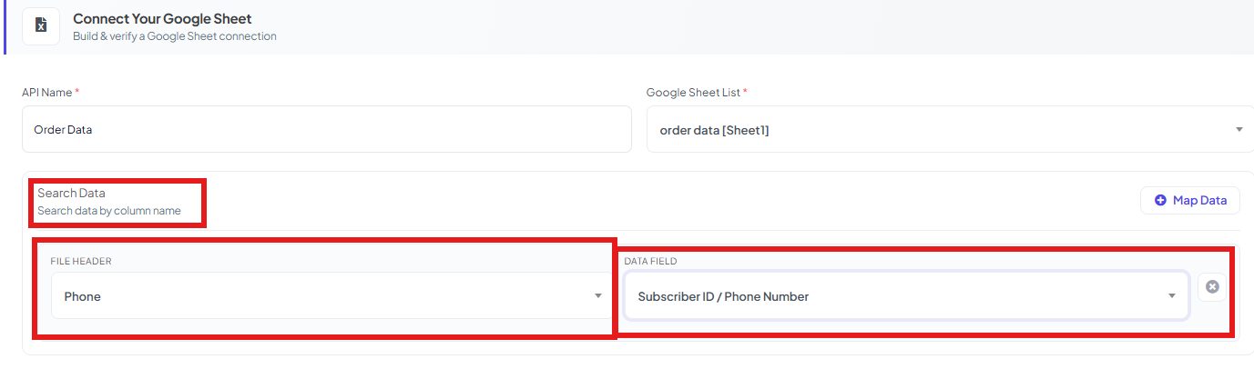 Search Data section with File Header set to Phone and Data Field set to Subscriber ID / Phone Number