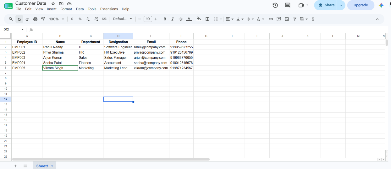 Google Sheet named Customer Data with columns Employee ID, Name, Department, Designation, Email, Phone and five rows of employee records