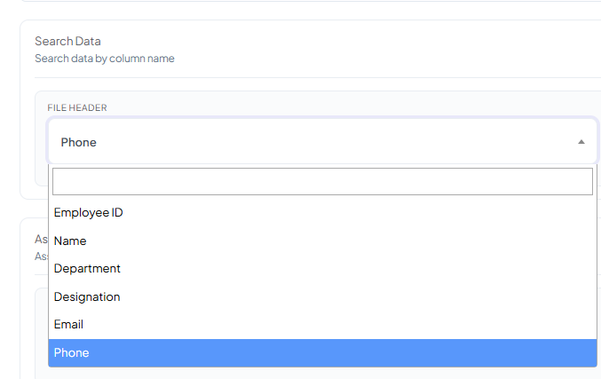 File Header dropdown open showing sheet columns Employee ID, Name, Department, Designation, Email, and Phone (selected)