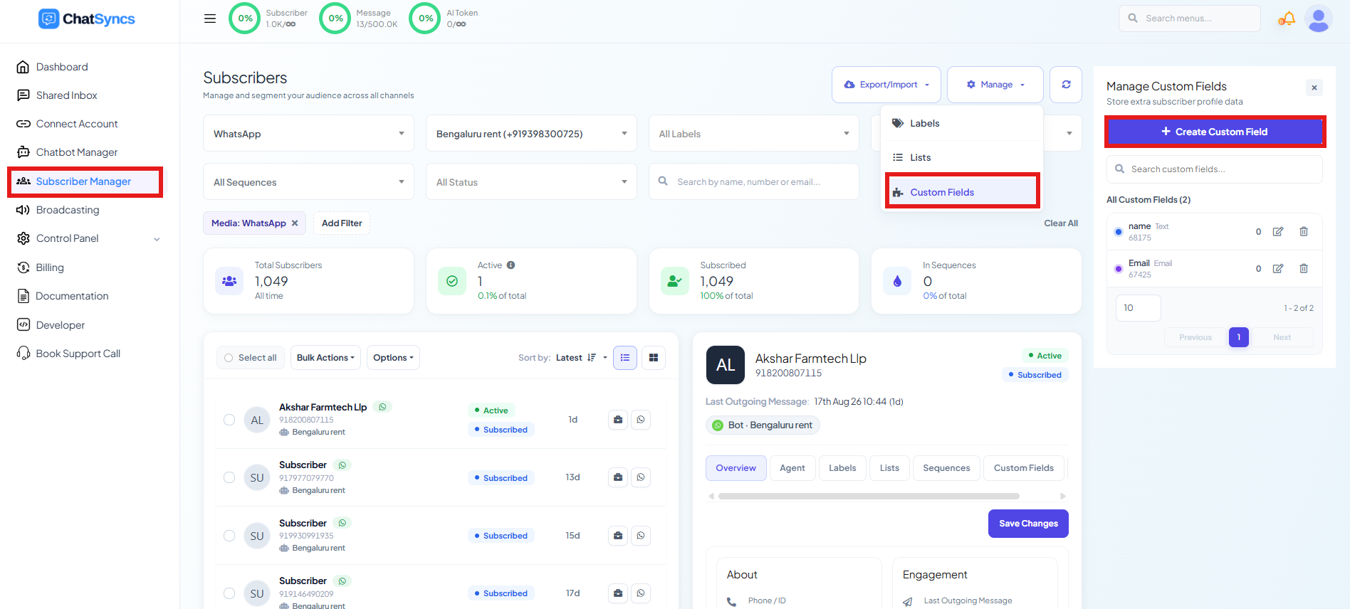 Manage Custom Fields panel listing existing fields, with a Create Custom Field button at the top