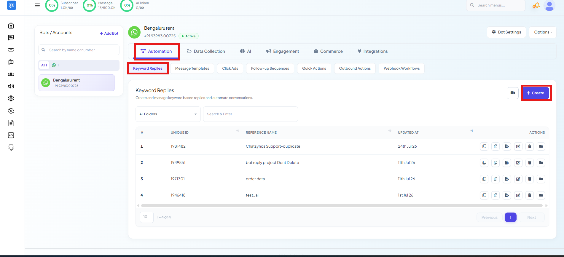Chatbot Manager Automation tab with Keyword Replies sub-tab selected, showing a list of existing flows and a Create button