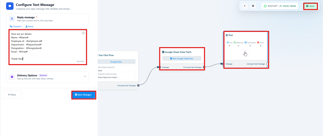 Bot flow with a Start Bot Flow node triggered by the keyword data, connected to a Google Sheet Data Fetch node named Google Data, connected to a Text reply node, with a Configure Text Message panel showing the reply using hash-wrapped field variables