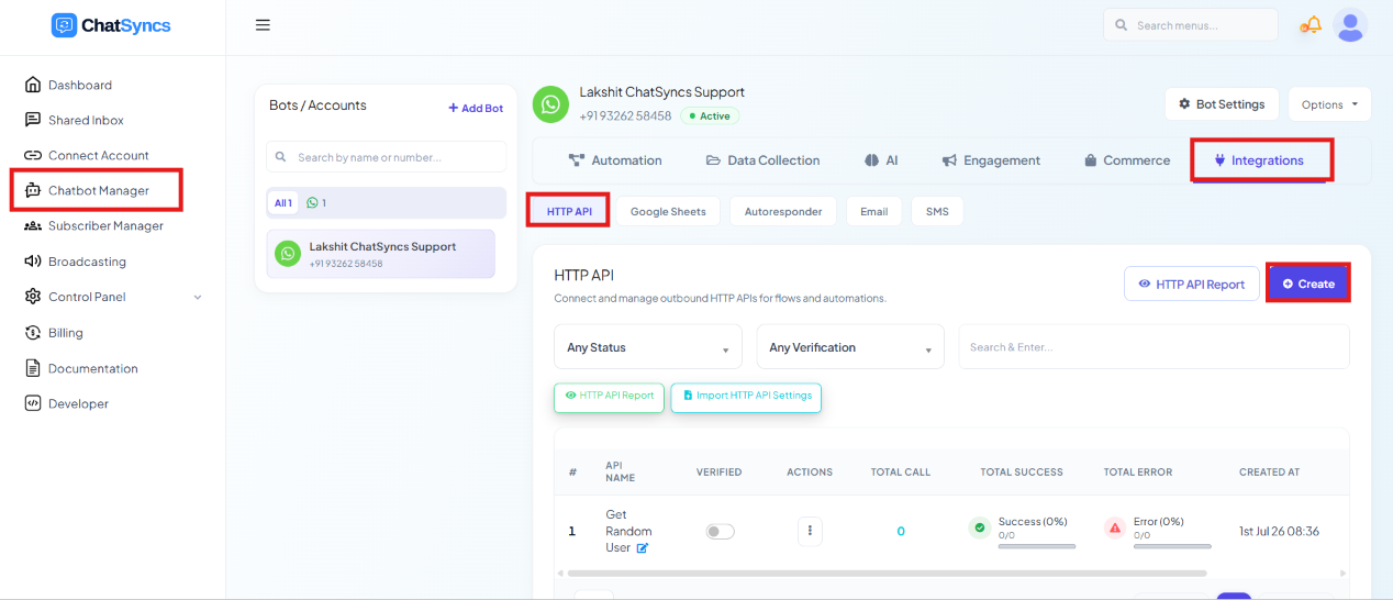 ChatSyncs left navigation with Chatbot Manager selected, the Integrations tab highlighted, the HTTP API sub-tab highlighted, and the HTTP API list with a Create button