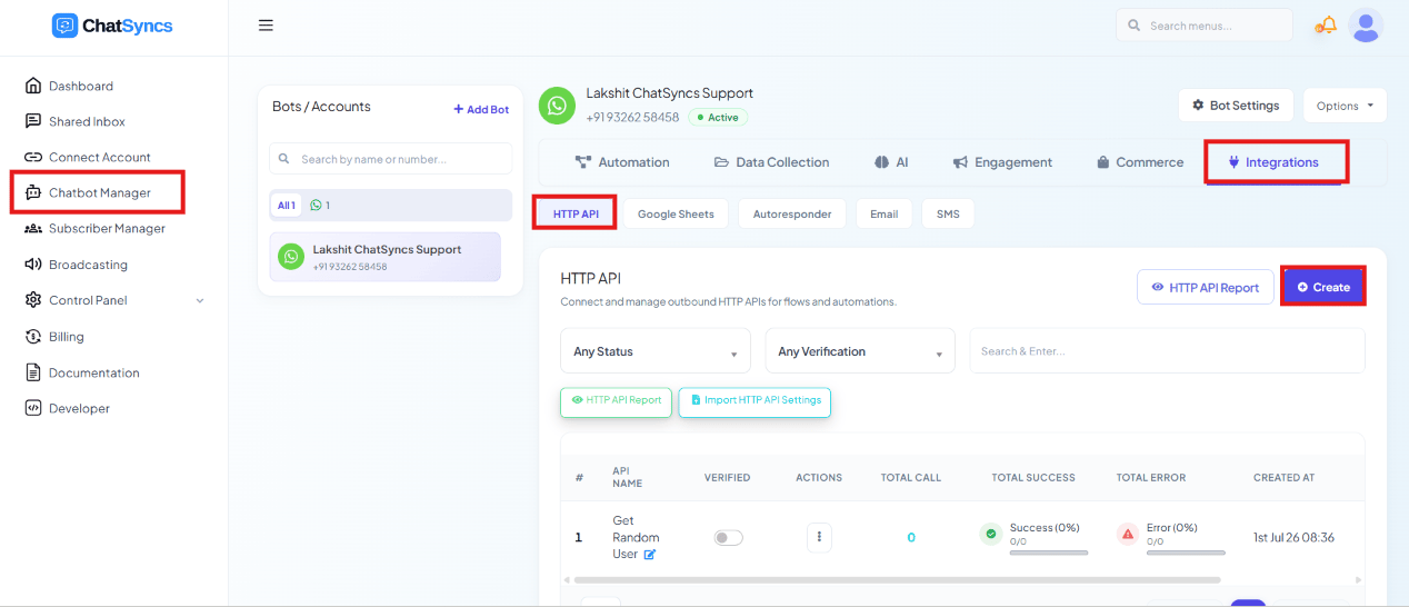 ChatSyncs left navigation with Chatbot Manager selected, the Integrations tab highlighted, the HTTP API sub-tab highlighted, and the HTTP API list with a Create button