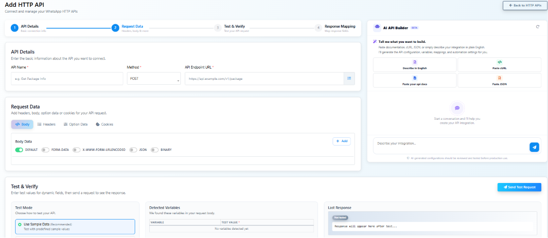 Add HTTP API page showing the four-step flow: API Details, Request Data, Test and Verify, Response Mapping, with an AI API Builder panel on the right