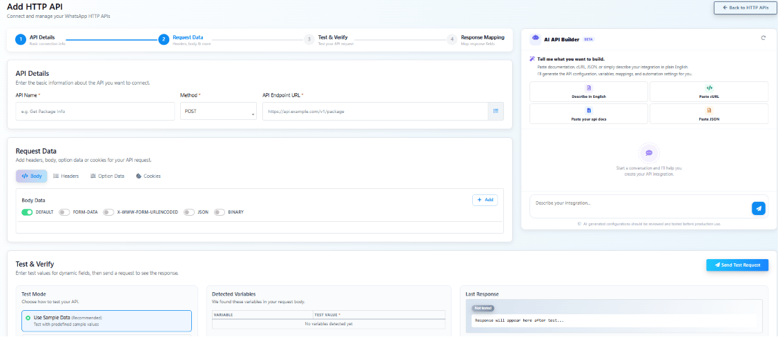 Add HTTP API page showing the four-step flow: API Details, Request Data, Test and Verify, Response Mapping, with an AI API Builder panel on the right