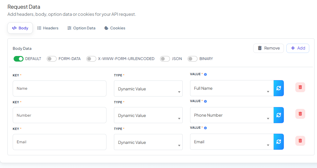 Request Data Body panel with three Key/Type/Value rows: Name set to Dynamic Value Full Name, Number set to Dynamic Value Phone Number, and Email set to Dynamic Value Email