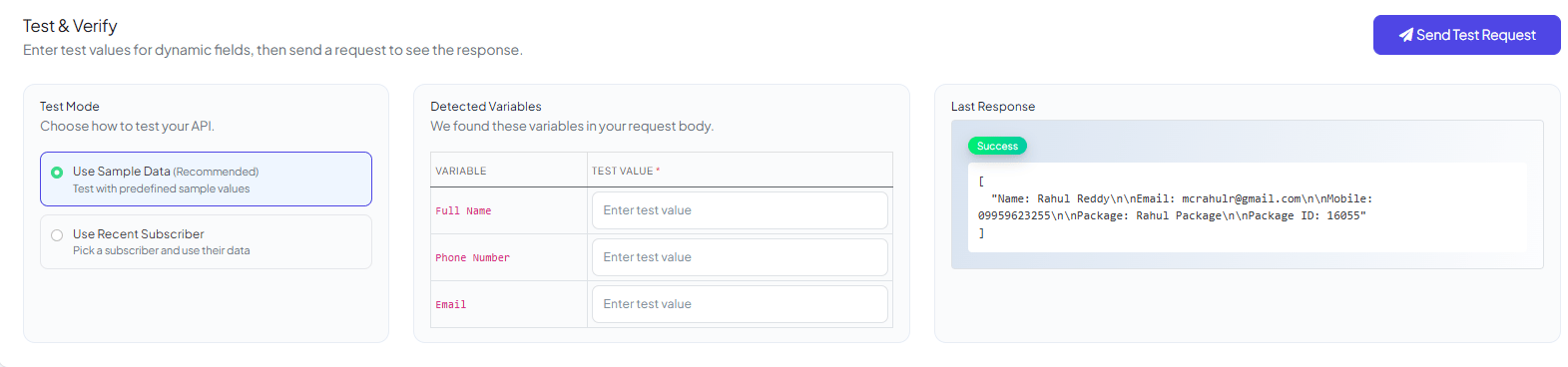 Test & Verify panel with Detected Variables Full Name, Phone Number, and Email test-value fields, and a Last Response panel showing a successful reply with Name Rahul Reddy, Email, Mobile, Package, and Package ID