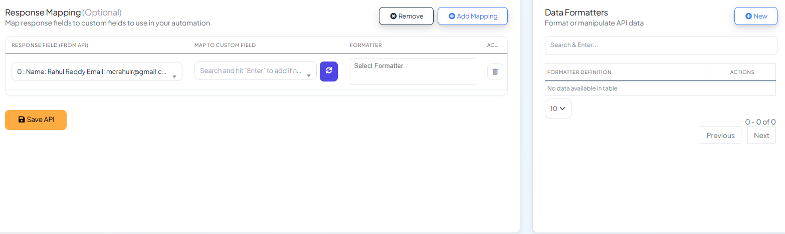Response Mapping panel with the response field containing Name, Email, Mobile, Package, and Package ID selected, next to a Map To Custom Field search box, and the Data Formatters panel on the right