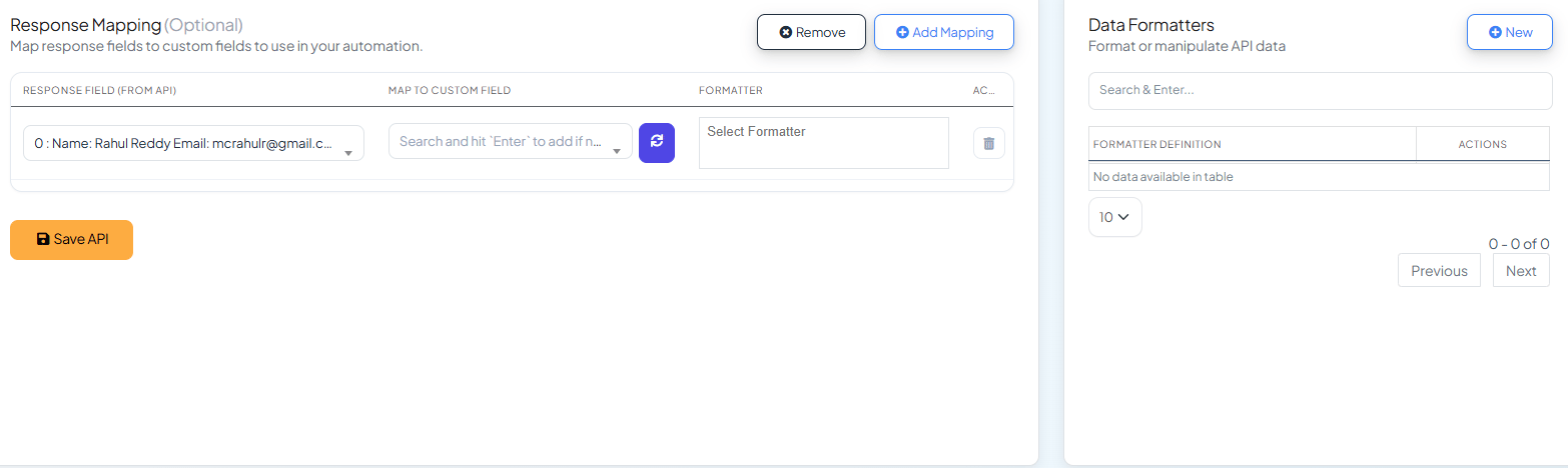 Response Mapping panel with the response field containing Name, Email, Mobile, Package, and Package ID selected, next to a Map To Custom Field search box, and the Data Formatters panel on the right