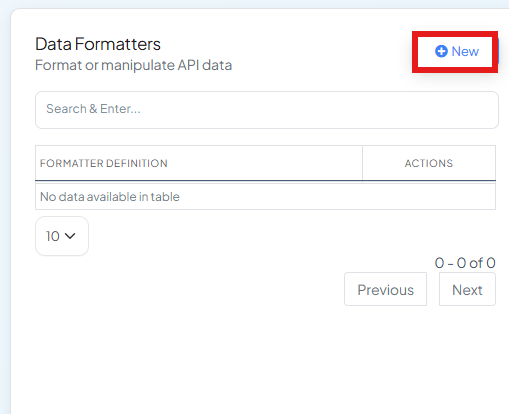 Data Formatters panel with a search box, an empty Formatter Definition table, and a New button highlighted