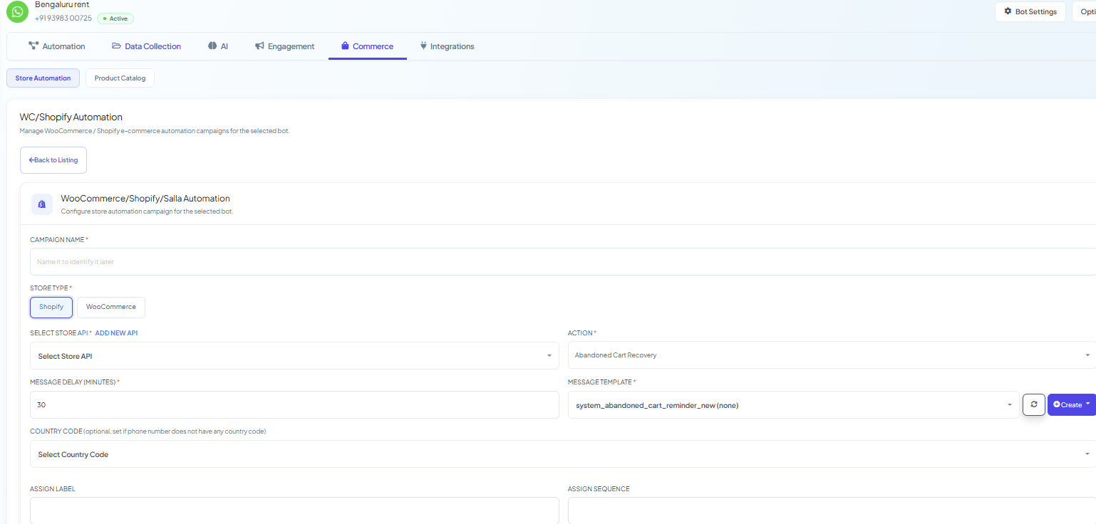 Chatbot Manager Commerce tab with Store Automation selected, showing the WC/Shopify Automation campaign form with a Shopify/WooCommerce Store Type toggle and a Select Store API dropdown