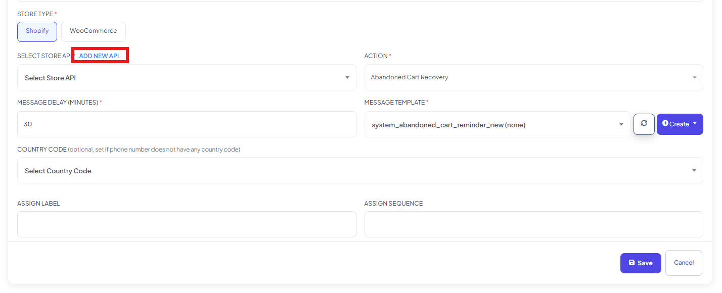 Store Automation form with the Add New API link highlighted next to the Select Store API dropdown