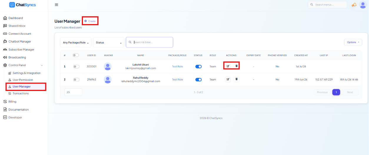 Team member list in User Manager